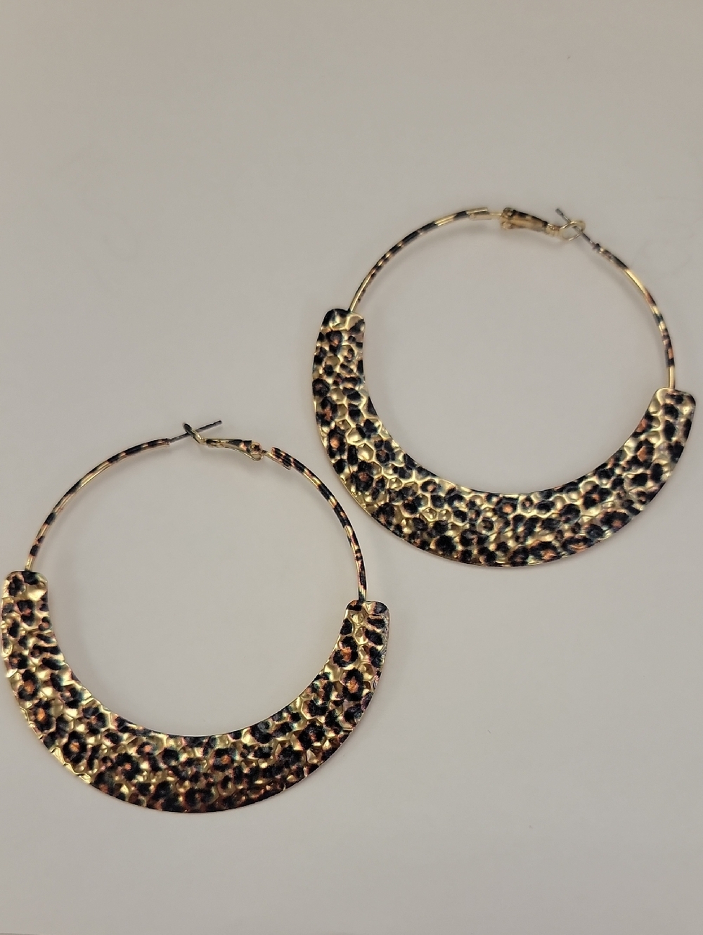 Gold-Tone Hammered Leopard Print  Hoop Earrings